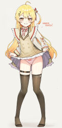  1girl absurdres ahoge artist_name black_thighhighs blonde_hair blush bow bow_panties clothes_lift dress dress_lift english_text fortissimo full_body green_dress grey_background hair_ornament highres hololive jacket lifting_own_clothes long_hair long_sleeves looking_at_viewer migokami musical_note musical_note_hair_ornament otonose_kanade panties side_ponytail smile solo striped_clothes striped_panties thigh_strap thighhighs underwear virtual_youtuber white_jacket yellow_eyes 