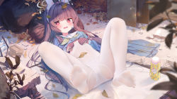  1girl absurdres ahoge animal_ears blue_archive blue_serafuku blue_skirt blunt_bangs blush bottle brown_hair bunny_headphones chen_bin clothes_pull embarrassed fake_animal_ears feet female_focus footprints full_body gloves headphones headset highres loli long_hair long_sleeves looking_at_viewer lying miyu_(blue_archive) no_shoes on_back open_mouth outdoors panties panties_under_pantyhose pantyhose pantyhose_pull polka_dot polka_dot_panties red_eyes school_uniform serafuku shoe_print shoes sidelocks skirt soles solo spread_legs teardrop underwear unworn_shoes water_bottle white_panties white_pantyhose  rating:Sensitive score:252 user:lacepanties