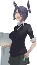  1girl absurdres beer_can black_necktie black_sweater can cowboy_shot drink_can eyepatch grey_skirt hair_over_one_eye headgear highres holding holding_can kantai_collection necktie purple_hair school_uniform short_hair simple_background skirt solo sweater tenryuu_(kancolle) white_background yamaioni_(sasakama) yellow_eyes 