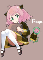  1girl anya_(spy_x_family) bag cone_hair_bun director_chimera_(spy_x_family) green_eyes hair_bun kneehighs looking_at_viewer monomono pink_hair school_uniform socks solo spy_x_family thighs 