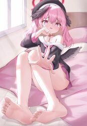 1girl ass bad_feet barefoot beret black_hat black_shirt black_wings blue_archive blush collarbone commentary_request fang feathered_wings feet full_body furrowed_brow halo hat head_wings heunggugi highres indoors knees_up koharu_(blue_archive) korean_commentary legs loli long_sleeves looking_at_viewer low_wings medium_hair miniskirt neckerchief on_bed parted_lips pink_eyes pink_hair pink_halo pink_neckerchief pink_skirt pleated_skirt puffy_long_sleeves puffy_sleeves reaching reaching_towards_viewer sailor_collar sailor_shirt school_uniform serafuku shirt single_bare_shoulder sitting skin_fang skirt soles solo toes twintails white_sailor_collar window wings rating:Sensitive score:22 user:danbooru