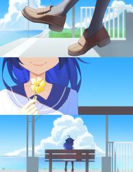  1girl absurdres bench blue_hair blue_sky brown_shoes closed_mouth cloud cumulonimbus_cloud day flower highres holding holding_flower indie_virtual_youtuber on_bench outdoors senzawa shoes sitting sky smile solo virtual_youtuber yellow_flower yubbiidraw 
