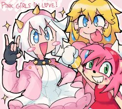  3girls amy_rose animal_ears animal_nose blonde_hair blue_eyes bob_cut collar dress earrings elphelt_valentine english_text fingerless_gloves furry furry_female gloves green_eyes guilty_gear hairband heart hedgehog_girl jacket jewelry long_hair mario_(series) melfunnysmell multiple_girls nintendo open_mouth pink_dress pink_fur pink_hair princess_peach red_dress red_hairband short_hair simple_background smile sonic_(series) sphere_earrings spiked_collar spiked_hairband spikes tongue tongue_out white_gloves 