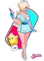  1girl 1other absurdres blonde_hair blue_eyes blue_lips dr._luma dr._mario_(game) dr._mario_world earrings gloves hat high_heels highres jewelry looking_at_viewer luma_(mario) mario_(series) nintendo nurse nurse_cap pill_earrings rosalina standing super_mario_galaxy syringe wiluma  rating:General score:7 user:Hatrade