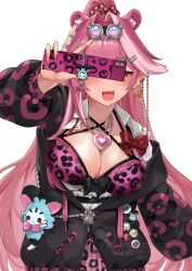  1girl :3 absurdres animal_ears animal_print badge black_bow black_hoodie blush bow bra breasts button_badge cellphone chattino_(raora_panthera) collarbone commentary copyright_logo earrings extra_ears fang fingernails flip_phone goggles goggles_on_head grem_(gigi_murin) hair_intakes hair_ornament hair_scrunchie hairclip hashtag-only_commentary heart_collar high_ponytail highres holding holding_phone hololive hololive_english hood hoodie jewelry large_breasts leopard_print leopard_print_bra long_hair mochiyuki_(gigfor1) multicolored_hair nail_polish necklace open_mouth otomo_(cecilia_immergreen) panther_ears panther_girl paw_ornament phone pink_bra pink_hair pink_nails pink_skirt polka_dot polka_dot_scrunchie ponytail raora_panthera red_bow red_scrunchie ring scrunchie signature simple_background skirt smile solo star_(symbol) star_earrings streaked_hair underwear virtual_youtuber w watermark white_background yellow_eyes 