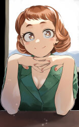 1girl absurdres boku_no_hero_academia breasts brown_eyes brown_hair cleavage closed_mouth dress elbows_on_table fengling_(furin-jp) green_dress highres interlocked_fingers looking_at_viewer official_alternate_costume official_alternate_hairstyle own_hands_together pov_across_table short_hair smile solo upper_body uraraka_ochako  rating:General score:24 user:danbooru