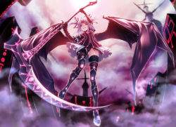 1girl black_panties black_thighhighs crotch demon_girl demon_wings female_focus fog from_below grin hair_ornament hair_ribbon highres horns looking_at_viewer looking_down original outdoors panties pointy_ears purple_eyes rezi ribbon scythe short_hair silver_hair single_horn smile smoke solo thigh_gap thighhighs twintails underwear weapon wings rating:Sensitive score:56 user:danbooru