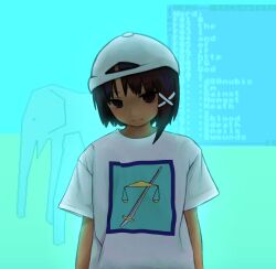  1girl absurdres baseball_cap black_eyes black_hair commentary cosplay elephant english_commentary english_text hair_ornament hat highres iwakura_lain looking_at_viewer serial_experiments_lain shirt short_hair short_sleeves solo sword templeos terry_a_davis terry_a_davis_(cosplay) weapon white_hat white_shirt x_hair_ornament zoolpal 