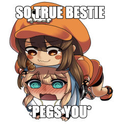  1boy 1girl @_@ androgyne_symbol aqua_eyes blonde_hair blush blush_stickers bridget_(guilty_gear) brown_eyes brown_hair chibi chibi_only commentary cuffs embarrassed english_commentary english_text guilty_gear guilty_gear_strive hat hetero hood hood_up image_macro_(meme) impact_(font) implied_sex long_hair may_(guilty_gear) medium_hair meme n0_image open_mouth orange_hat simple_background so_true_bestie_pegs_you_(meme) trap white_background 