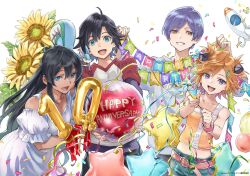  2boys 2girls :d ahoge anniversary arashi_teppei black_hair blue_eyes blue_hair captain_earth celebration confetti copyright_name dark-skinned_female dark_skin dress flower green_eyes green_shorts long_hair manatsu_daichi minato_fumi multiple_boys multiple_girls mutou_hana number_balloon official_art open_mouth orange_eyes orange_hair parted_lips party_popper pitz promotional_art purple_eyes raglan_sleeves short_hair short_shorts short_sleeves shorts smile squirrel star_balloon sundress sunflower title white_background white_dress yomatsuri_akari 
