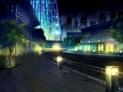  artist_request building city cloud game_cg gleam lamppost magia_record:_mahou_shoujo_madoka_magica_gaiden mahou_shoujo_madoka_magica night night_sky no_humans official_art outdoors pillar radio_tower road scenery shop sidewalk sky skyscraper street tree 
