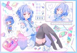  1girl :d ;d absurdres ahoge bag bare_shoulders black_shorts black_thighhighs blue_hair blush border candy chibi closed_mouth commentary commission food full_body gradient_border grid_background highres hood hood_down hoodie ice_cream indie_virtual_youtuber knees_up lollipop long_sleeves looking_at_viewer medium_hair multiple_scoops multiple_views no_shoes one_eye_closed open_mouth outside_border red_eyes shorts sitting skeb_commission skirt sleep_mask sleeveless sleeveless_hoodie smile tagosaku-chan_(vtuber) thighhighs tsukiyo_(skymint) virtual_youtuber water_gun white_background white_hoodie white_skirt 