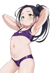  1girl armpits arms_behind_head atg_(wttoo0202) belly bikini black_hair covered_erect_nipples flat_chest highres kamisaki_hikaru loli long_hair looking_at_viewer medalist_(manga) navel ponytail purple_bikini simple_background solo swimsuit white_background yellow_eyes  rating:Questionable score:145 user:danbooru