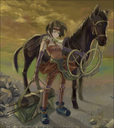  arrow_(projectile) bad_id bad_pixiv_id blush brown_hair chakram cloud earrings elbow_gloves flat_chest gloves headband highres horse jewelry metalinu quiver shin_sangoku_musou short_hair sky sonshoukou_(koihime_musou) sun_shang_xiang_(shin_sangoku_musou) weapon windfire_wheel 