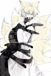  1girl animal_ear_fluff animal_ears black_tabard blonde_hair bound bound_wrists buckle covered_mouth cowboy_shot dress fox_ears fox_girl fox_tail fur-trimmed_sleeves fur_collar fur_trim hands_in_opposite_sleeves highres kitsune koumajou_densetsu koumajou_densetsu_2 long_sleeves looking_at_viewer multiple_tails restrained short_hair simple_background solo straitjacket tabard tail touhou white_background white_dress wide_sleeves xian_qishui yakumo_ran yellow_eyes 