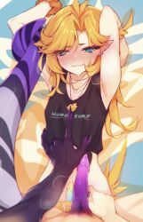  2girls animal_penis armpits arms_up bare_arms bird_tail black_tank_top blonde_hair blush clothes_writing commentary dokibird_(vtuber) dokibird_(vtuber)_(summer) ear_piercing eyes_visible_through_hair female_pubic_hair fingernails futanari futanari_pov green_eyes highres indie_virtual_youtuber jewelry long_hair midriff multiple_girls navel nijisanji nijisanji_en official_alternate_costume pendant penis penis_size_difference piercing pointy_ears pov pubic_hair purple_penis ricegnat scrunchie selen_tatsuki sharp_fingernails shirt small_penis straddling sweat tail tail_wrap tank_top tied_shirt upper_body virtual_youtuber wrist_scrunchie 