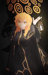  1girl big_bird_(project_moon) binah_(project_moon) binah_(project_moon)_(cosplay) black_background black_coat black_dress blonde_hair breasts coat coat_on_shoulders cosplay don_quixote_(project_moon) dress fur_trim hexagon_print highres jewelry lamp large_breasts limbus_company lobotomy_corporation long_sleeves looking_at_viewer medium_hair project_moon ring short_hair simple_background ss0_520 standing upper_body yellow_eyes 