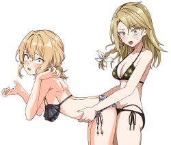  2girls alice_margatroid alternate_costume bent_over bikini black_boots blush boots bow braid breasts commentary dry_humping green_eyes hair_between_eyes hands_on_another&#039;s_hips highres humping kirisame_marisa long_hair looking_at_viewer masho_makamaka medium_breasts multiple_girls o-ring o-ring_top open_mouth short_hair shoulder_blades side-tie_bikini_bottom side_braid simple_background single_braid star_(symbol) star_print swimsuit touhou white_background white_bow yuri 