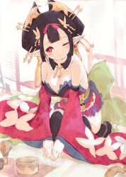  1girl bare_shoulders black_hair blush clog_sandals datehyogo detached_sleeves disgaea geisha hair_ornament highres japanese_clothes kimono maiko_(disgaea) makai_senki_disgaea_7 miniskirt nihongami one_eye_closed pink_eyes pink_sleeves pointy_ears sandals short_hair short_kimono skirt thighhighs wink 