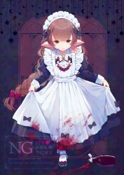  1girl absurdres artist_name braid braided_ponytail brown_eyes brown_hair curtsey dated fake_blood granblue_fantasy haaselia harvin highres ketchup ketchup_bottle looking_at_viewer maid maid_day maid_headdress mochiko_tsuru pointy_ears single_braid solo 