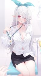  1girl alcohol alternate_costume beer beer_mug black_skirt blonde_hair blush bow breasts button_gap collared_shirt commentary cup deyui drooling english_commentary fairy grey_hair hair_between_eyes hair_bow hair_ornament heart heart-shaped_pupils highres id_card long_hair looking_at_viewer mug multicolored_hair navel nijisanji nijisanji_en open_clothes open_mouth partially_unbuttoned pencil_skirt pointy_ears pomu_rainpuff pomu_rainpuff_(3rd_costume) red_eyes shirt simple_background sitting sitting_on_object skirt solo streaked_hair symbol-shaped_pupils table thigh_gap thighs unbuttoned unbuttoned_shirt virtual_youtuber white_background white_shirt wing_collar 