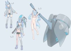  1girl animal_ear_fluff animal_ears armpits arms_up bar_censor barefoot black_ribbon black_shoes blue_background blue_eyes blue_hair boots censored commentary commission completely_nude flat_chest fox_ears fox_girl fox_tail frilled_boots frills full_body grey_boots grey_jacket grey_thighhighs hair_ornament hair_ribbon hairclip hammer huge_weapon jacket long_hair long_sleeves looking_at_viewer miyako_(naotsugu) multiple_views navel nipples nude open_mouth original over_shoulder pom_pom_(clothes) progression puffy_long_sleeves puffy_sleeves ribbon shoes short_shorts shorts simple_background single_thighhigh skeb_commission stomach tail thighhighs torn_clothes torn_jacket triangle_hair_ornament twintails weapon weapon_over_shoulder x_hair_ornament 
