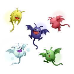 :d antennae bat_wings colored_skin colored_tongue commentary_request creature creature_focus drackmage drackolyte dracky drackyma dragon_quest fangs green_skin kosuga_kumi no_humans open_mouth purple_skin purple_tongue red_skin smile snowflakes tail tundracky white_background white_skin wings yellow_skin 