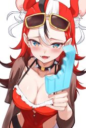  1girl :d absurdres animal_ears bikini black_streaks blue_eyes blurry blurry_foreground breasts collar collarbone dice dice_hair_ornament eyewear_on_head food food_bite from_above hair_ornament hakos_baelz hakos_baelz_(holonatsu_paradise) highres holding holding_food holding_popsicle hololive hololive_english ilie_ilie large_breasts light_blush looking_at_viewer lower_teeth_only mouse_ears mouse_girl multicolored_eyes multicolored_hair one-piece_swimsuit open_mouth popsicle red_bikini red_hair see-through_clothes see-through_shirt shirt simple_background smile solo spiked_collar spikes streaked_hair swimsuit teeth upper_body white_background white_streaks yellow-framed_eyewear 