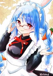  1girl adjusting_eyewear alternate_costume animal_ear_fluff animal_ears apron black_dress bow braid breasts brown-framed_eyewear carrot_hair_ornament commentary_request dress enmaided floral_background food-themed_hair_ornament glasses hair_bow hair_ornament hands_up highres hololive kiritoma long_hair long_sleeves maid maid_headdress over-rim_eyewear puffy_long_sleeves puffy_sleeves rabbit-shaped_pupils rabbit_ears red_bow red_eyes semi-rimless_eyewear short_eyebrows signature simple_background small_breasts solo symbol-shaped_pupils thick_eyebrows twin_braids twintails usada_pekora very_long_hair virtual_youtuber white_apron white_background white_bow 