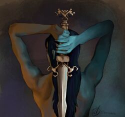  1girl arcane:_league_of_legends arcane_caitlyn artist_name back blue_hair caitlyn_(league_of_legends) highres holding holding_sword holding_weapon key league_of_legends long_hair sword weapon 