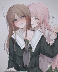  2girls absurdres bang_dream! bang_dream!_it&#039;s_mygo!!!!! blush chihaya_anon commentary_request fang hand_on_another&#039;s_shoulder highres long_hair long_sleeves medium_hair multiple_girls nagasaki_soyo necktie pale_skin pann_(1202zzzx00) pink_hair sweat sweatdrop yuri  rating:Questionable score:7 user:danbooru