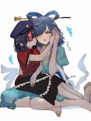  2girls :o barefoot black_skirt blue_dress blue_hair blush dress eneshi expressionless hand_on_another&#039;s_face hand_on_another&#039;s_hand hat highres jiangshi kaku_seiga looking_at_viewer medium_hair miyako_yoshika multiple_girls ofuda ofuda_on_head open_mouth red_shirt shirt short_sleeves sitting sitting_on_lap sitting_on_person skirt smile touhou white_background 