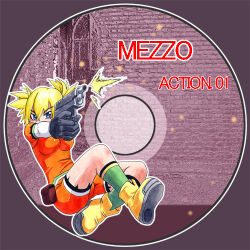  1girl black_gloves blonde_hair blue_eyes boots breasts cd commentary_request cosplay firing full_body gloves green_socks gun hair_between_eyes handgun holding holding_gun holding_weapon kabutoyama lowres medium_breasts mezzo_forte orange_unitard original pouch socks solo suzuki_mikura suzuki_mikura_(cosplay) twintails unitard weapon yellow_boots 