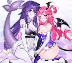  2girls :p absurdres asymmetrical_gloves bikini black_bikini black_gloves blinchii breasts camila_(vtuber) cleavage collarbone colored_skin diamond_facial_mark dress earrings elbow_gloves facial_mark fins fish_tail gloves grey_skin head_wings heart heart_facial_mark highres indie_virtual_youtuber jewelry megalodon_(vtuber) mismatched_gloves multiple_girls necklace one_side_up pink_hair pointy_ears purple_eyes purple_hair purple_ribbon ribbon see-through_clothes see-through_dress shark_girl shark_tail smile swimsuit tail tongue tongue_out virtual_youtuber whisker_markings white_dress white_gloves white_hair wings  rating:Sensitive score:9 user:danbooru