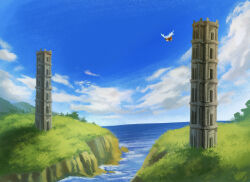  1girl 2boys blue_sky carrying carrying_multiple_people carrying_person carrying_under_arm cloud commentary_request cousins day dragon_quest dragon_quest_ii flying grass highres multiple_boys nogo_(nogo_059) ocean outdoors prince_of_lorasia prince_of_samantoria princess_of_moonbrook scene_reference scenery sky tower tree water 