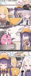  3koma 4girls ^_^ absurdres akari_(blue_archive) apron balaclava belt black_coat black_gloves black_hair black_necktie blonde_hair blue_archive blunt_bangs bound bow bowtie braid closed_eyes coat coat_on_shoulders comic commentary cooking_pot demon_girl demon_horns driving english_text fur-trimmed_coat fur_trim fuuka_(blue_archive) gloves grey_hair hair_between_eyes hair_bow hair_ornament hair_ribbon hairclip halo haruna_(blue_archive) hat hiding highres hina_(blue_archive) horns japanese_text kidnapping long_hair looking_at_another military_uniform mixed-language_text motor_vehicle multicolored_hair multiple_girls necktie nekoya_(liu) open_clothes open_coat parted_bangs peaked_cap peeking_out pickup_truck purple_eyes red_bow red_bowtie ribbon rope rope_gag sam_browne_belt school_uniform serafuku shirt sidelocks single_braid steering_wheel streaked_hair surprised tied_up_(nonsexual) timestamp truck two-tone_hair two_side_up white_apron white_hair white_shirt 