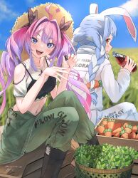  2girls ahoge ammo21204760 animal_ears applying_manicure black_boots blue_eyes blue_hair blurry blurry_background boots bottle bow bra_over_clothes braid carrot carrot_hair_ornament clothes_writing clothing_cutout coca-cola collarbone commentary double-parted_bangs farm farmer fingernails food-themed_hair_ornament gradient_hair green_jumpsuit hair_bow hair_intakes hair_ornament harvest hat highres hikimayu holding holding_bottle hololive jumpsuit jumpsuit_around_waist kikirara_vivi looking_at_viewer midriff multicolored_hair multiple_girls nail_polish orange_eyes pants pants_tucked_in pink_hair purple_hair rabbit_ears rabbit_girl shirt shoulder_cutout signature sitting smile straw_hat towel towel_around_neck twin_braids twintails usada_pekora virtual_youtuber white_hair white_jumpsuit white_shirt wooden_box 