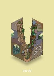 bush canyon commentary_request diorama fish gozz highres isometric looking_up original plant skull stream water yellow_background rating:General score:0 user:danbooru