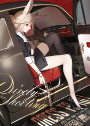  1girl absurdres ammunition_box animal_ears assault_rifle black_dress black_shoes blonde_hair car_interior colored_inner_hair dress from_side glint gun hair_bun handgun high_heels highres holding holding_gun holding_weapon looking_at_viewer medium_hair multicolored_hair natori_youkai original pencil_skirt red_eyes red_hair rifle shoes single_hair_bun single_thighhigh sitting skirt solo suppressor thighhighs trigger_discipline vintage_car watch weapon weapon_request wristwatch 