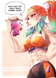 1girl abs absurdres animal athies bird black_shorts blue_bow blush bow chicken collarbone commentary earrings english_commentary english_text feather_earrings feathers gradient_hair green_hair hand_on_own_hip highres holding holding_animal hololive hololive_english jewelry multicolored_hair muscular muscular_female open_mouth orange_hair orange_sports_bra ponytail purple_eyes shorts solo speech_bubble spikes sports_bra takanashi_kiara virtual_youtuber rating:Sensitive score:33 user:danbooru