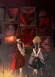  2girls apron black_hat black_skirt blonde_hair bow broom brown_hair cirno commentary_request detached_sleeves embodiment_of_scarlet_devil flandre_scarlet gohei grey_socks hair_bow hair_tubes hakurei_reimu hat highres holding holding_broom holding_gohei holding_unworn_clothes holding_unworn_hat hong_meiling izayoi_sakuya kirisame_marisa long_hair looking_at_viewer matsukuzu multiple_girls official_alternate_costume painting_(object) patchouli_knowledge red_bow red_eyes red_skirt remilia_scarlet ribbon-trimmed_sleeves ribbon_trim skirt skirt_set socks touhou translation_request unworn_hat unworn_headwear white_apron witch_hat 