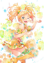 10s 1girl ;d aikatsu! aikatsu!_(series) aikatsu_stars! blonde_hair boots braid detached_sleeves faux_traditional_media female_focus from_side green_eyes hair_bobbles hair_ornament high_heels highres idol katoh_akatsuki leg_up nikaido_yuzu one_eye_closed open_mouth paw_pose side_braid single_braid skirt smile solo star_(symbol) thigh_boots thighhighs twintails rating:General score:15 user:danbooru
