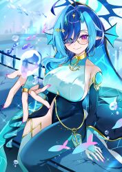  1girl absurdres ahoge anchor_symbol asymmetrical_clothes black_pants black_veil blue_bridal_gauntlets blue_eyes blue_hair blue_horns blue_thighhighs blue_veil breasts bubble closed_mouth commission fins fish gold_collar gold_trim head_fins highres horns indie_virtual_youtuber large_breasts mole mole_under_mouth monocle multicolored_hair natomiie_(vtuber) pants pink_nails purple_eyes single_pantsleg single_thighhigh smile solo thighhighs two-sided_veil two-tone_hair underwater veil vgen_commission virtual_youtuber yu_un0620 
