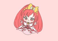  1girl absurdly_long_hair boots bow brooch chibi closed_mouth cure_ace dokidoki!_precure dot_nose dress eyelashes frilled_dress frilled_wrist_cuffs frills hair_bow hair_ornament hairband happy heart heart_brooch heart_hair_ornament high_ponytail ichigo_usuhana jewelry knee_boots layered_dress light_blush long_dress long_hair madoka_aguri magical_girl neckerchief outstretched_arms pink_neckerchief ponytail precure red_background red_dress red_eyes red_hair red_theme red_wrist_cuffs short_sleeves sidelocks simple_background smile solo tareme very_long_hair waist_bag wavy_hair white_bag white_boots white_dress wrist_cuffs yellow_bow yellow_hairband 