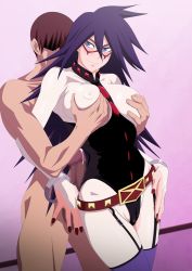 1boy 1girl ass belt belt_buckle blue_eyes blush bodysuit boku_no_hero_academia breasts buckle censored cuffs cum domino_mask ejaculation erection grabbing_another&#039;s_breast groping handcuffs large_breasts lime_(purple_haze) long_hair mask midnight_(boku_no_hero_academia) mole nail_polish penis purple_hair skin_tight smile tagme  rating:Explicit score:34 user:MysteryJ1