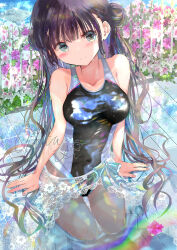 1girl black_pantyhose blue_eyes breasts closed_mouth colored_inner_hair competition_swimsuit highleg highleg_one-piece_swimsuit highres light_blush looking_at_viewer medium_breasts multicolored_hair ogata_tei one-piece_swimsuit original pantyhose pantyhose_under_swimsuit sarong solo swimsuit white_sarong