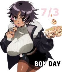  1girl black_jacket black_nails black_skirt bon_(vtuber) breasts character_name ear_piercing earrings fish_skeleton_earrings food fur-trimmed_jacket fur_trim grey_eyes highres indie_virtual_youtuber jacket jewelry large_breasts multicolored_hair open_clothes open_jacket open_mouth pantyhose piercing pink_hair ribbed_sweater second-party_source short_hair shulliy_baudelair skirt solo streaked_hair sweater takoyaki thighband_pantyhose virtual_youtuber white_sweater 