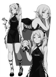  1girl :/ :3 =_= absurdres alternate_costume alternate_hairstyle breasts character_doll clothing_cutout commentary doll dress earrings elf floating_earrings flower frieren full_body greyscale grin hair_down hair_over_shoulder highres holding holding_doll holding_flower jewelry kekel long_hair long_pointy_ears looking_at_viewer lying meme monochrome multiple_views on_stomach parted_bangs pointy_ears shoes side-tie_dress side_slit small_breasts smile sousou_no_frieren strappy_heels teardrop_earrings thick_eyebrows thighs twintails underboob_cutout white_background you_can_just_give_this_kind_of_thing_to_men_and_they_will_be_thrilled_(meme) 