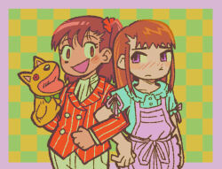 2girls blush brown_eyes brown_hair digimon embarrassed formal_clothes happy hybridtheories katou_juri long_hair makino_ruki multiple_girls orange_hair purple_eyes ribbon smile suit