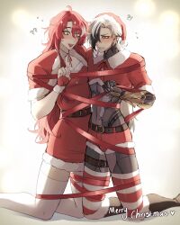  !? 2boys ? ?? absurdres ahoge argenti_(honkai:_star_rail) artist_name belt belt_buckle black_eyes black_hair blush boothill_(honkai:_star_rail) bound bound_together brown_belt buckle bullet_earrings capelet christmas clenched_teeth collared_shirt commentary crop_top crossed_bangs cyborg dress ear_piercing earrings embarrassed english_commentary fingerless_gloves flying_sweatdrops fur-trimmed_capelet fur-trimmed_dress fur-trimmed_gloves fur-trimmed_headwear fur-trimmed_shirt fur-trimmed_shorts fur-trimmed_sleeves fur_trim gloves gold_earrings green_eyes hair_between_eyes hair_intakes hair_over_one_eye hand_up hat heart highres honkai:_star_rail honkai_(series) jewelry kneeling long_hair looking_down luciidkatt male_focus merry_christmas mole mole_under_eye multicolored_hair multiple_boys nose_blush one_eye_covered open_mouth parted_bangs piercing red_capelet red_dress red_gloves red_hair red_hat red_pupils red_ribbon red_shirt red_shorts red_thighhighs ribbon ribbon_bondage santa_costume santa_hat sharp_teeth shirt short_shorts short_sleeves shorts sidelocks streaked_hair striped_clothes striped_thighhighs sweatdrop teeth thigh_strap thighhighs v-shaped_eyebrows very_long_hair white_hair white_thighhighs wide-eyed 